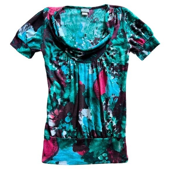 Daytrip Drape Neck Short Sleeve Watercolor Green Pink Tunic Women's size Small - Picture 1 of 5